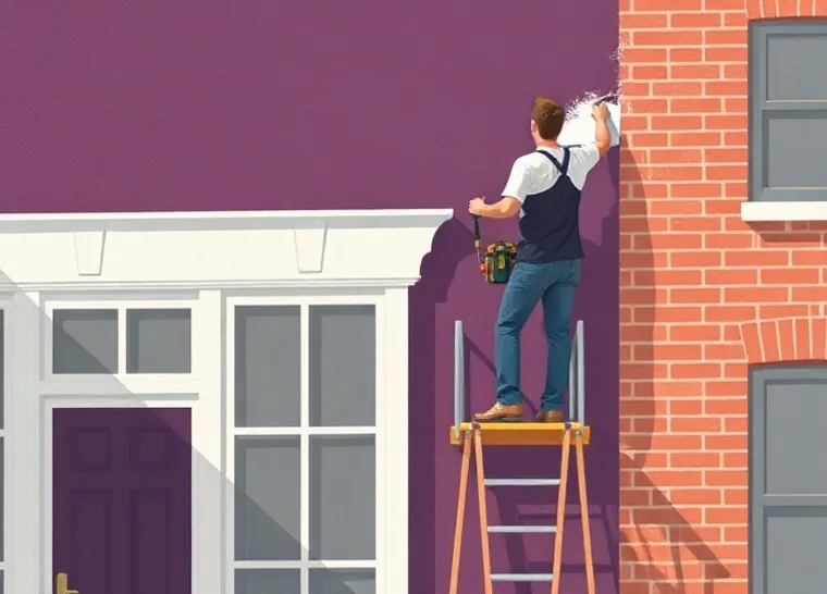 Peintre sur échafaudage traitant la façade d'une maison